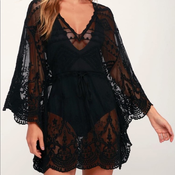 Lulus Other - NWT Lulus Black Crochet Lace Sheer Swim Cover-Up Kimono Dress OS